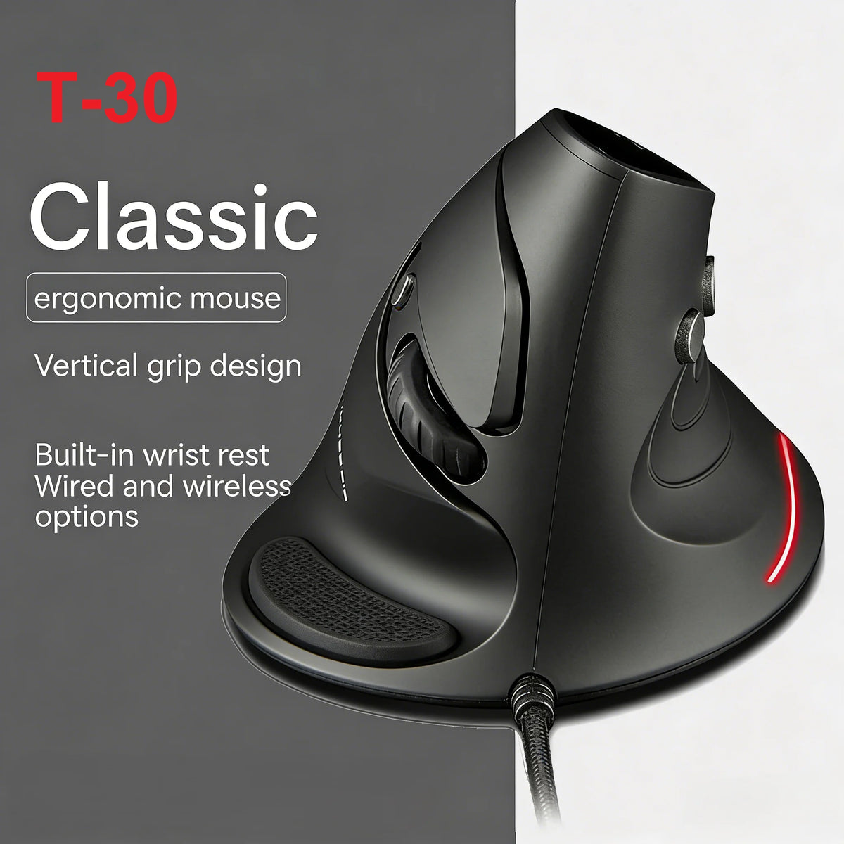 ZELOTES T-30 Vertical Optical Mouse Wired Upright Mouse USB Wired Gaming Mouse 6 Keys Ergonomic Mice with 3200 DPI for PC Laptop