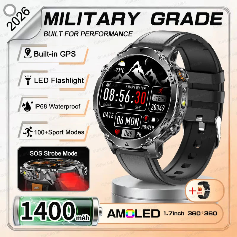 NEW Military 1400mAh Battery SmartWatch Men Outdoor LED Flashlight IP68 Waterproof Heart Rate SOS Bluetooth Call Sports Bracelet