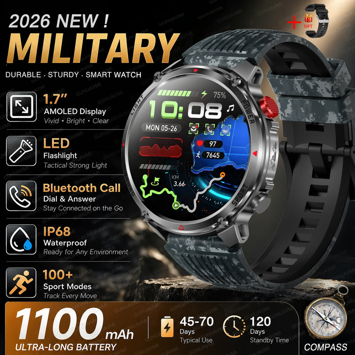New Men Outdoor Military 1100mAh Large Battery Smart Watch Compass GPS Track IP68 Waterproof LED Flashlight BT Call Smartwatch