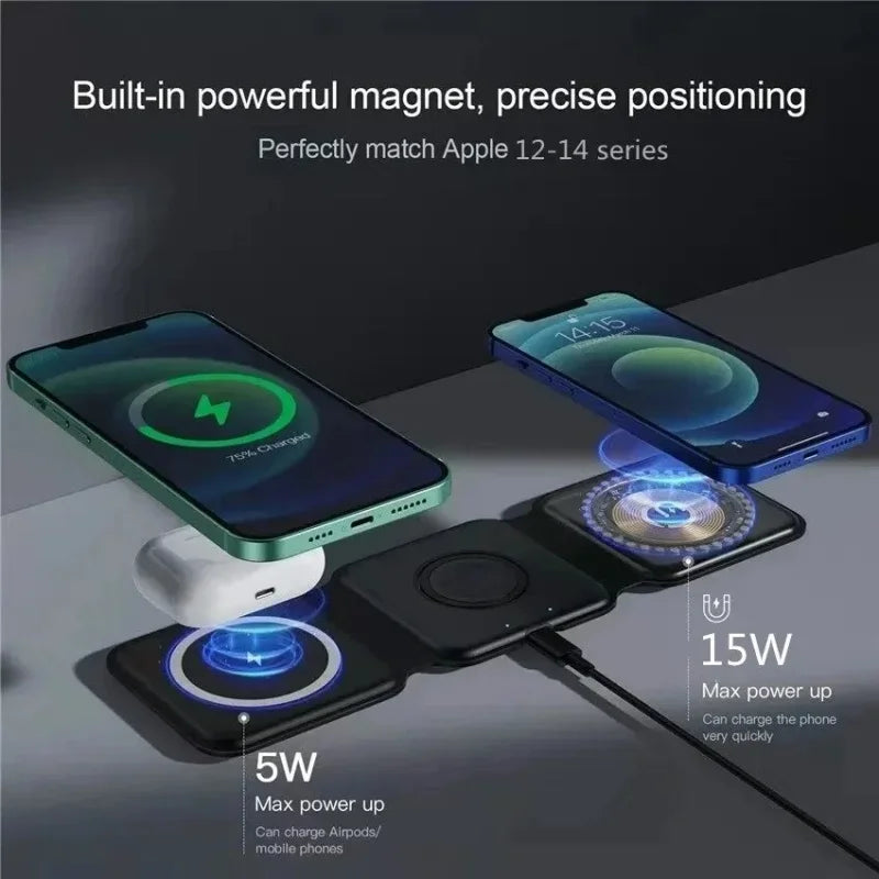 3 in 1 Magnetic Wireless Charger Fast Charging Dock Station Portable Foldable Stand Trip Charger For iPhone Apple Watch AirPods
