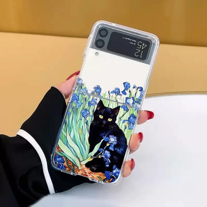 Retro Painting Van-Gogh Black Cat Case for Samsung Galaxy Z Flip 6 ZFlip7 Transaprent Cover for Samsung ZFlip 8 5 4 3 Fundas
