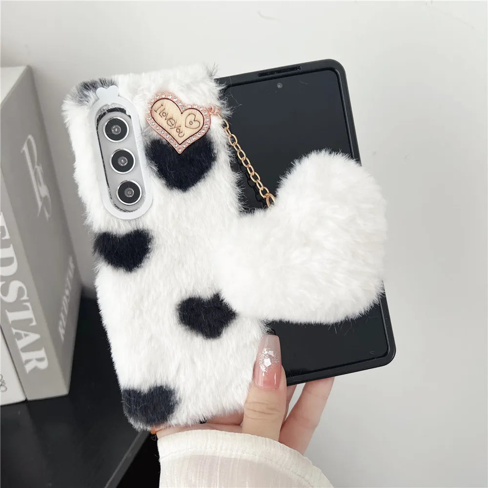 For Samsung Galaxy Z Fold 5 Case Korea Cute Fluffy Plush Love Pendant Phone Case For Galaxy Z Fold6 Cover Z Fold3 Z Fold2 Fold5