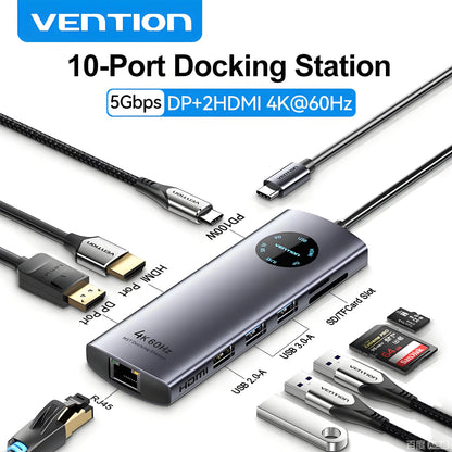 Vention 10 in 1 USB HUB HDMI DP 4K@60Hz Adapter RJ45 Splitter Type C HUB 3.0 PD 100W Charger Docking Station for MacBook Laptop