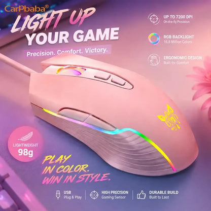 RGB Gaming Mouse Pink Cute Mouse 6400 DPI Wired Optical Mouse with Cool Lighting Mice for Home Office Notebook PC