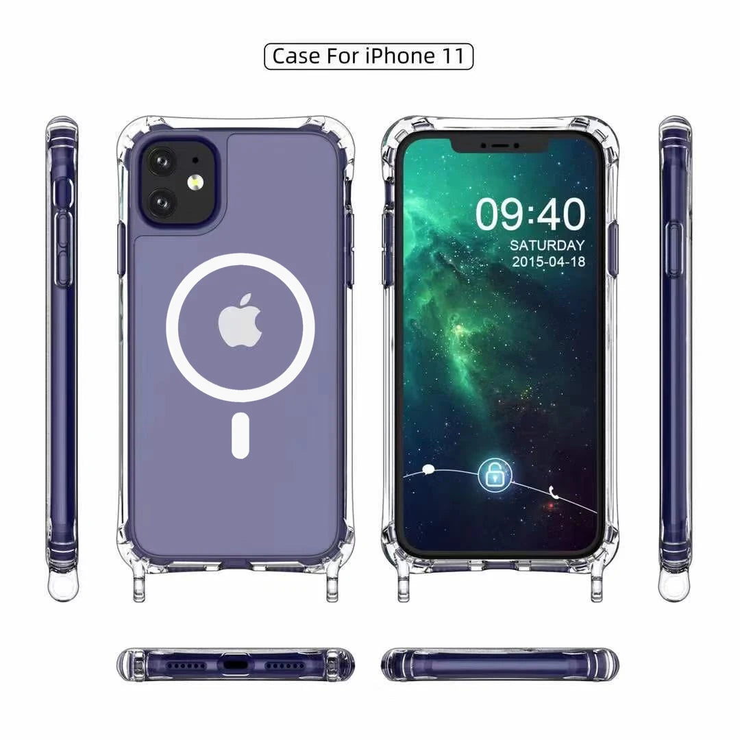 Crossbody Lanyard Clear Magnetic Case For iPhone 15 Pro 16 14 13 12 Pro Max For Magsafe Shockproof Acrylic Hard PC Back Cover