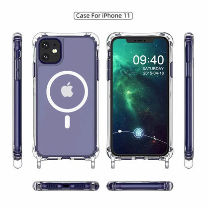 Crossbody Lanyard Clear Magnetic Case For iPhone 15 Pro 16 14 13 12 Pro Max For Magsafe Shockproof Acrylic Hard PC Back Cover