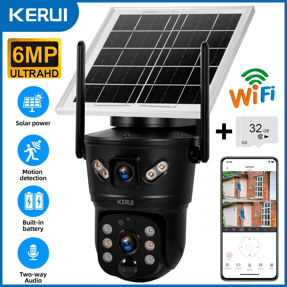 KERUI Outdoor Waterproof 6MP 4G SIM WIFI Solar Camera Dual Lens Camera Solar Panel Home Security CCTV Video Surveillance V380pro