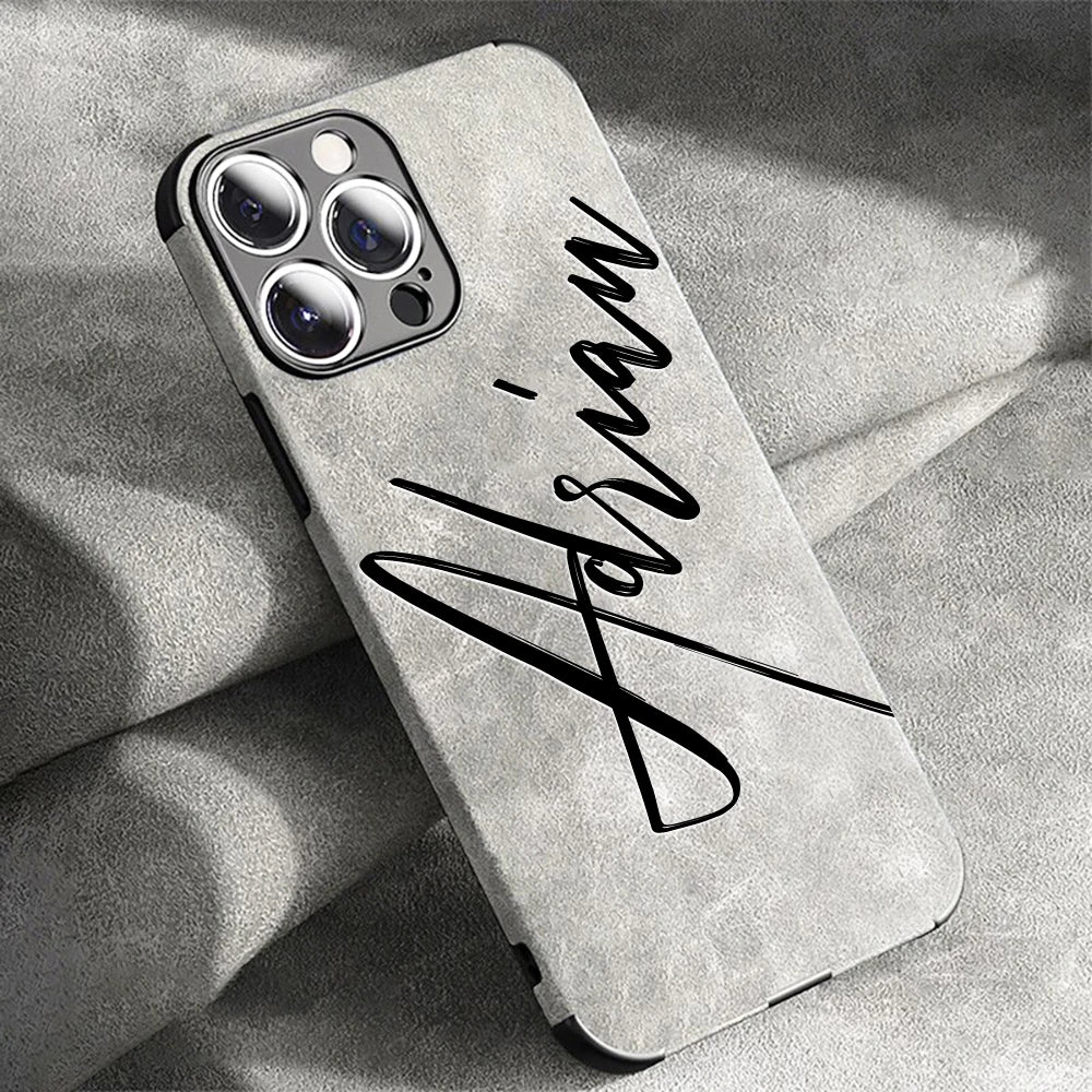 Large Brush Calligraphy Name Customized Phone Case For iPhone 16 15 14 13 12 11 Pro Max Lambskin Faux Leather Shockproof Cover