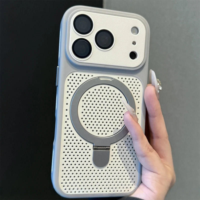 Luxury Dissipation With Holder Heat Phone Case For iPhone 17 Pro Max 12 13 14 15 16 Plus Magnetic Stand Matte Bumper Back Cover