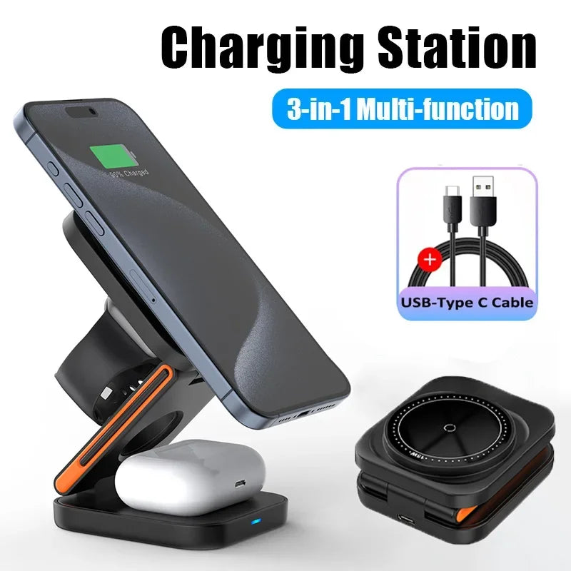 3 in 1 Foldable Charging Station Fast Magnetic Wireless Charger Stand for iPhone 17 16 15 14 13 12 Apple Watch 8 7 6 Airpods Pro