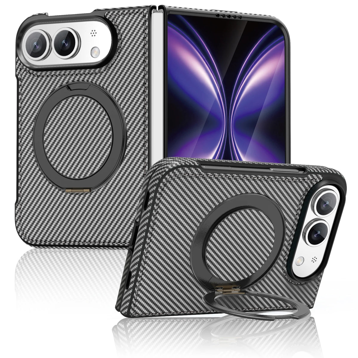 For iPhone Duo Case Luxury Carbon Fiber Texture Magnetic 360 Rotating Ring Holder Shockproof Protection Back Cover Accessories