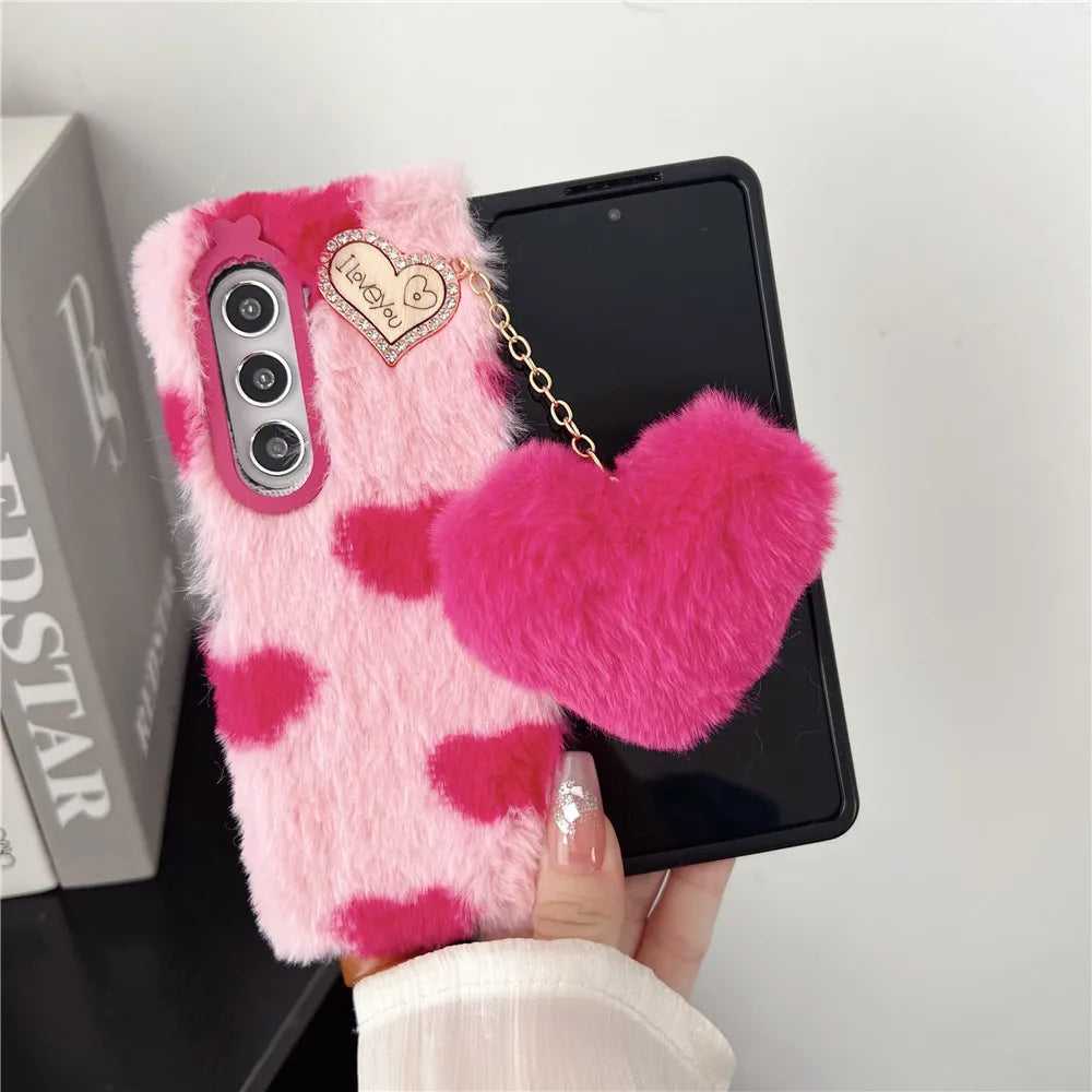 For Samsung Galaxy Z Fold 5 Case Korea Cute Fluffy Plush Love Pendant Phone Case For Galaxy Z Fold6 Cover Z Fold3 Z Fold2 Fold5