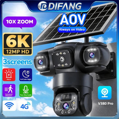 V380 Pro WiFi Triple Screens Solar Camera CCTV AOV 4G LTE Sim Card Video Surveillance Solar IP Camera PTZ 4G Security Protection