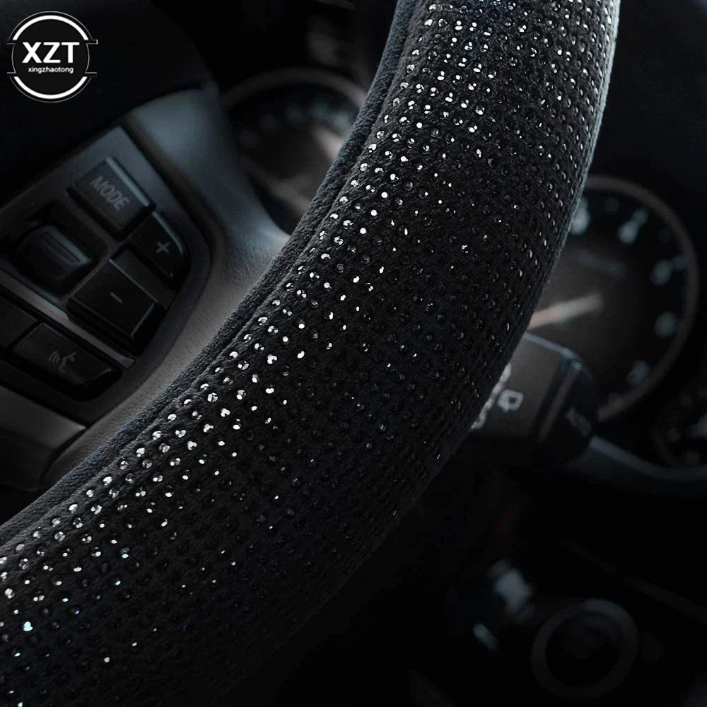 Universal 38CM Rhinestones Steering Wheel Cover with Crystal Diamond Sparkling Car Breathable Anti-Slip Steering Wheel Protector