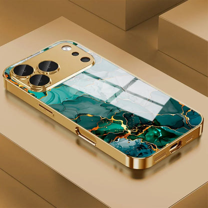Green Gold Dali Texture Tempered Glass Phone Case For iPhone 17 Pro Max 14 15 16 Plus 11 12 13 Pro Max 16E 17Air Protect Cover