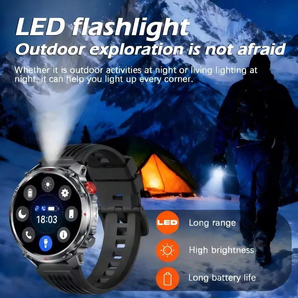 New Men Outdoor Military 1100mAh Large Battery Smart Watch Compass GPS Track IP68 Waterproof LED Flashlight BT Call Smartwatch