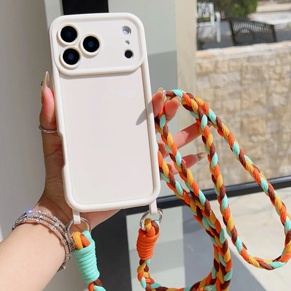 Crossbody Lanyard Braided Cord Liquid Silicone Case For iPhone 16 17 Pro Max 15 14 13 12 11 XR XS 7 8 Plus Necklace Strap Cover