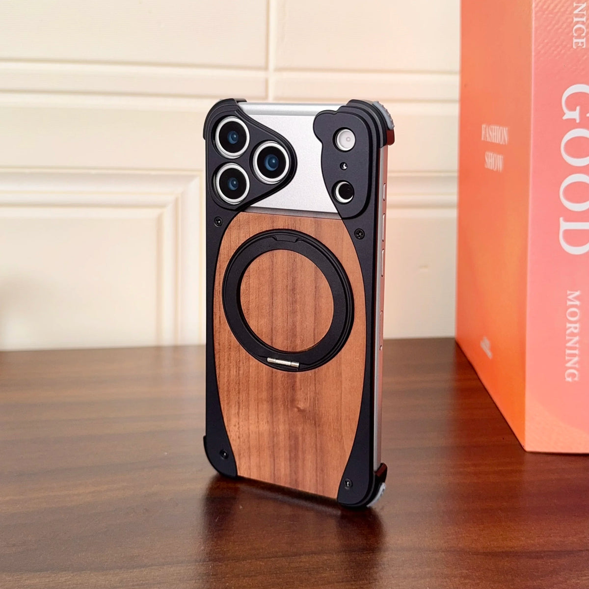 Luxury Metal Frame Walnut Wood Frameless Phone Case For iPhone 17 16 15 14 Pro Max Magsafe Magnetic 360 Rotating Bracket Cover