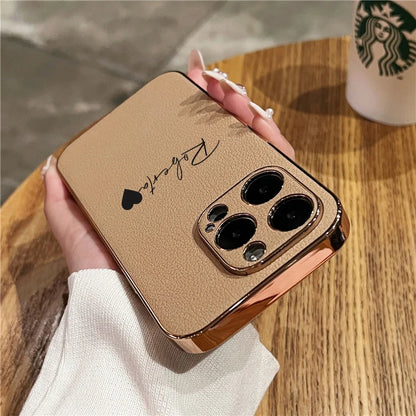 Luxury Plating Leather Personalized Name Case For iPhone 11 12 13 14 15 16 Pro Max Customized DIY Shockproof Cover 15 14 Pro Max