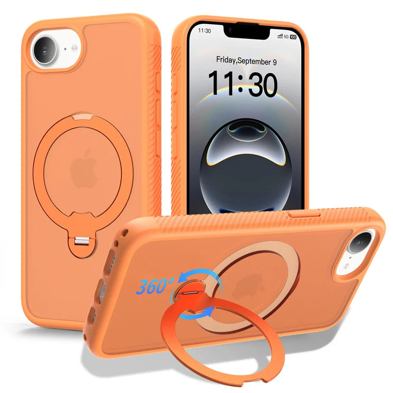 For iPhone 17E 16E Case ELVEV Magnetic Matte Hard PC+Soft TPU with Rotating Ring Bracket Protection Phone Cover