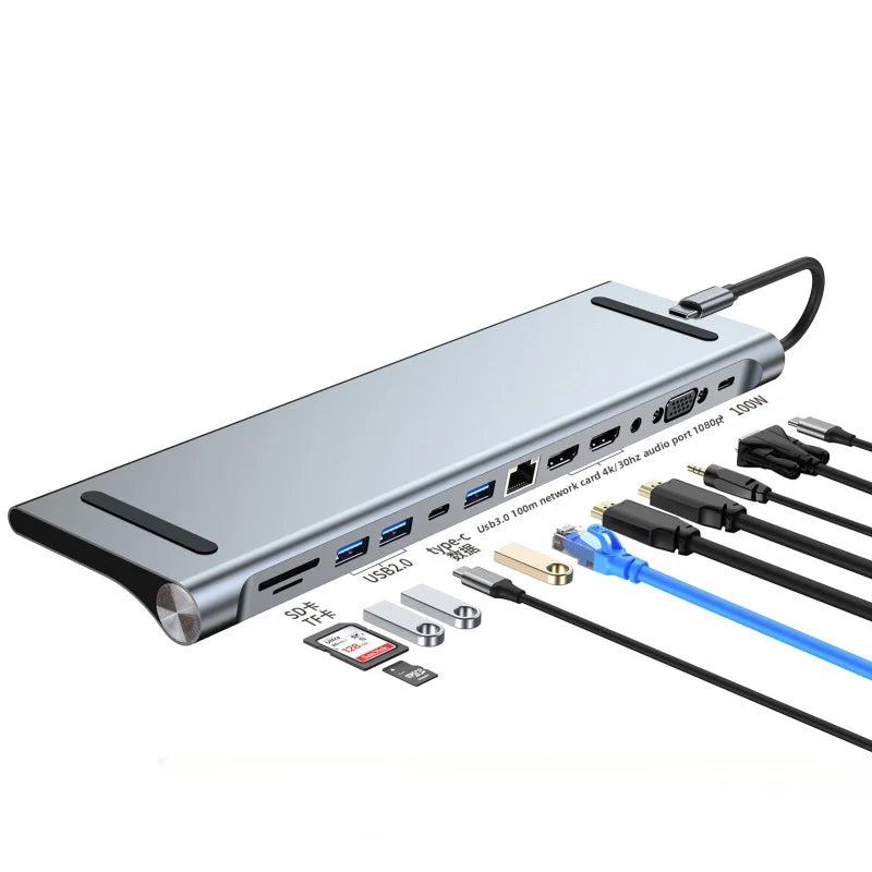 10/11/12-in-1 Docking Station Laptop Stand Audio USB Type-C 4K HDMI 100W PD SD/TF Display Port For Macbook PC Computer Hub
