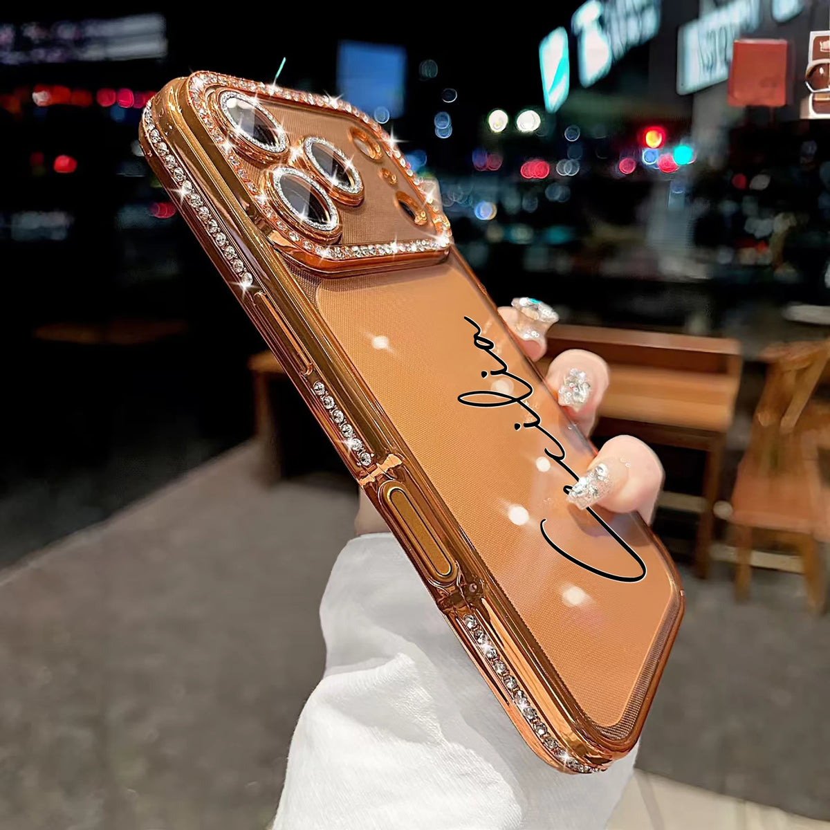 Custom Letters Name Starry Orange Rhinestone Glitter Frame Transparent Phone Case For iPhone 11 12 13 14 15 16 17Pro Max 17 Air