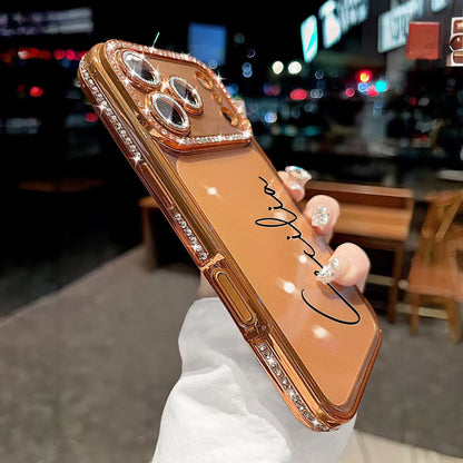 Custom Letters Name Starry Orange Rhinestone Glitter Frame Transparent Phone Case For iPhone 11 12 13 14 15 16 17Pro Max 17 Air