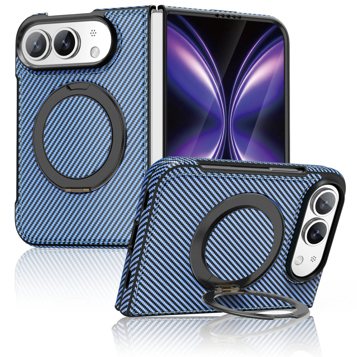 For iPhone Duo Case Luxury Carbon Fiber Texture Magnetic 360 Rotating Ring Holder Shockproof Protection Back Cover Accessories