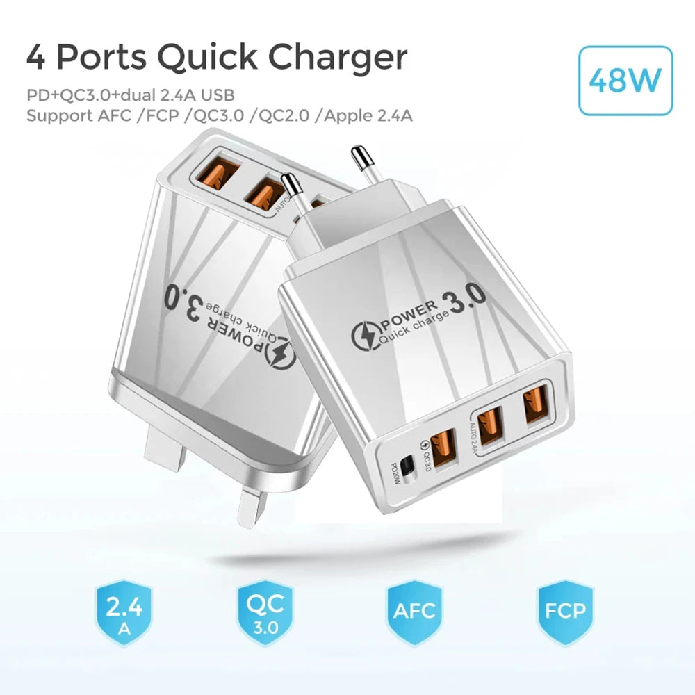 48W 3USB Fast Charger Type C QC 3.0 Portable Wall Charger PD Fast Charge EU/US Plug For Samsung Huawei Xiaomi Phone Wall Adapter