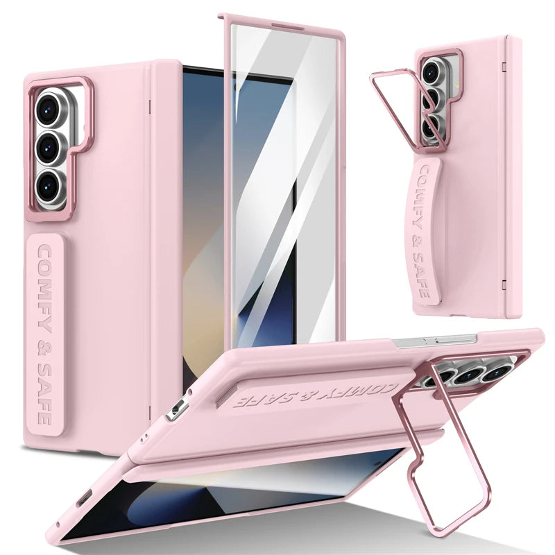 For Samsung Galaxy Z Fold 7 6 5 4 3 Wristband Hinge Lens Holder Phone Case Outer Screen Glass Film Protection Shockproof Cover