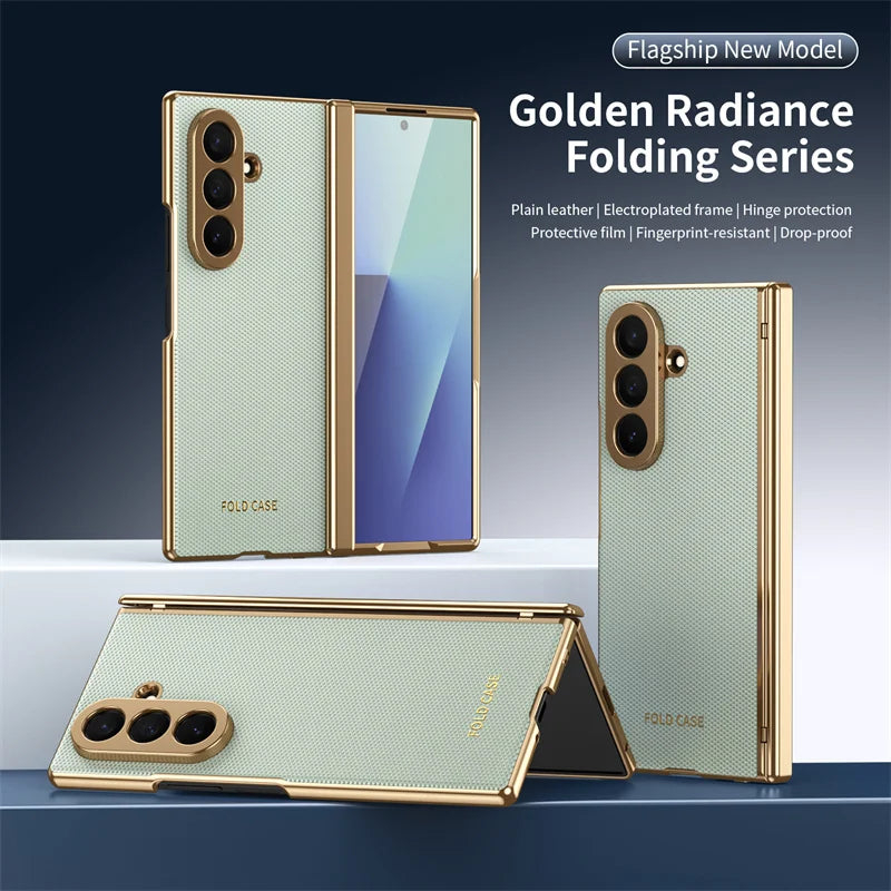 Leather Electroplated Frame Hinge Protect Case For Samsung Galaxy Z Fold 8Ultra 8 7 6 5 4 3 Screen Protect Film Shockproof Cover