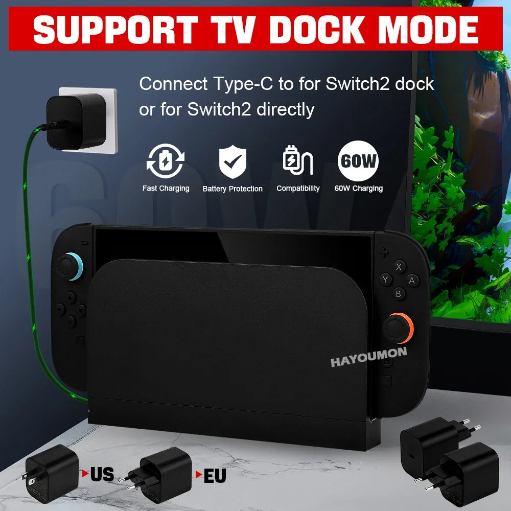 New 60W AC Adapter For NS Switch 2 Type C Fast Charger Power Supply Support TV Mode Wall Charger For Switch 2 Game Accessories