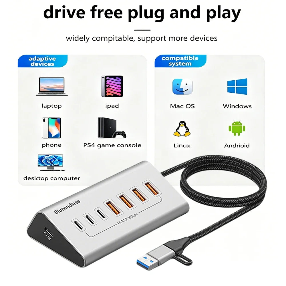 KEBIDUMEI 10Gbps 7 In 1 Docking Station USB 3.2 GEN 2 HUB Data Transfer Adapter USB Splitter Computer Accessories For PC Laptop