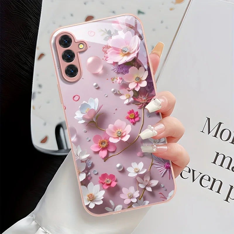 Hard Glass Flowers Case For Samsung S26 S25 Ultra S24 S23 Plus S21 FE S22 A57 A56 5G A55 A54 A36 A53 A52S A17 A34 A51 Case Cover