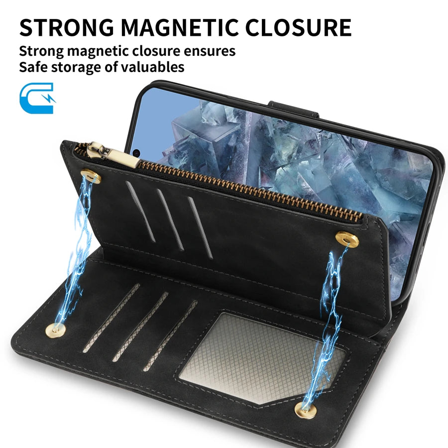 Wallet Multi-card Slot Zipper Magnetic Flip Leather Case For Google Pixel 10 Pro XL 9a 9Pro 8a 8 7Pro 7a  6Pro 6a Cover Shell