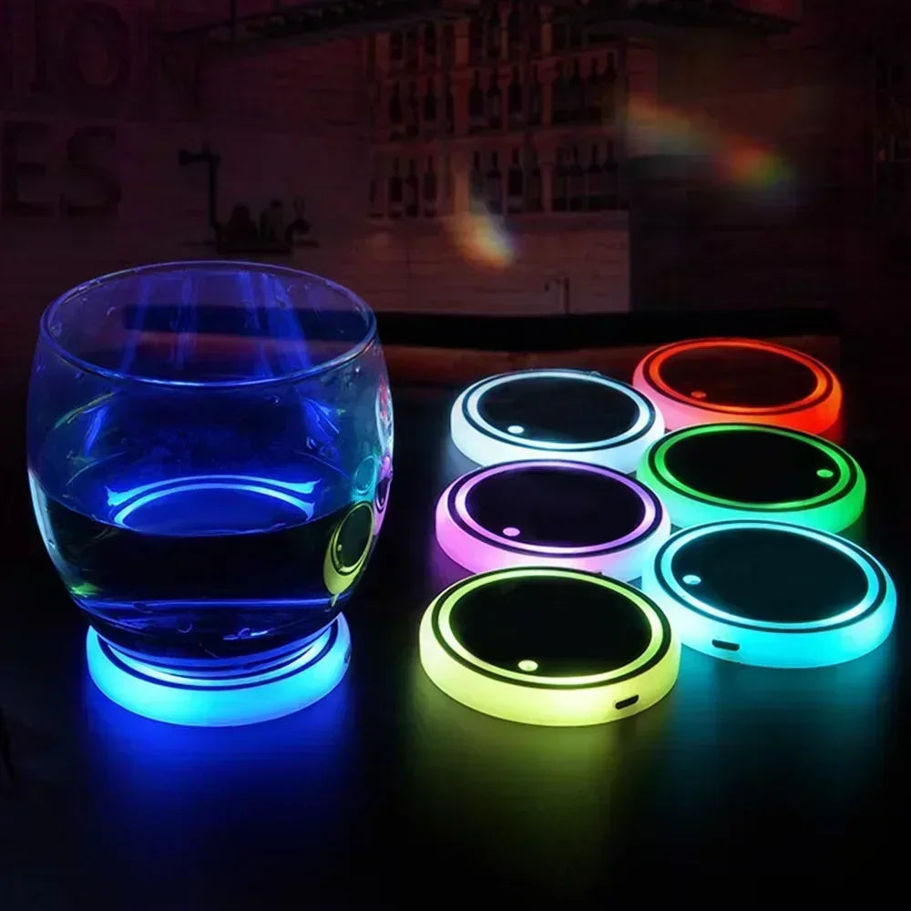 LED Car Cup Holder Coaster, 7 Colors RGB Light Up Pad with Vibration Sensor, USB Rechargeable Auto Ambient Light