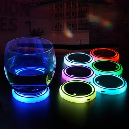 LED Car Cup Holder Coaster, 7 Colors RGB Light Up Pad with Vibration Sensor, USB Rechargeable Auto Ambient Light