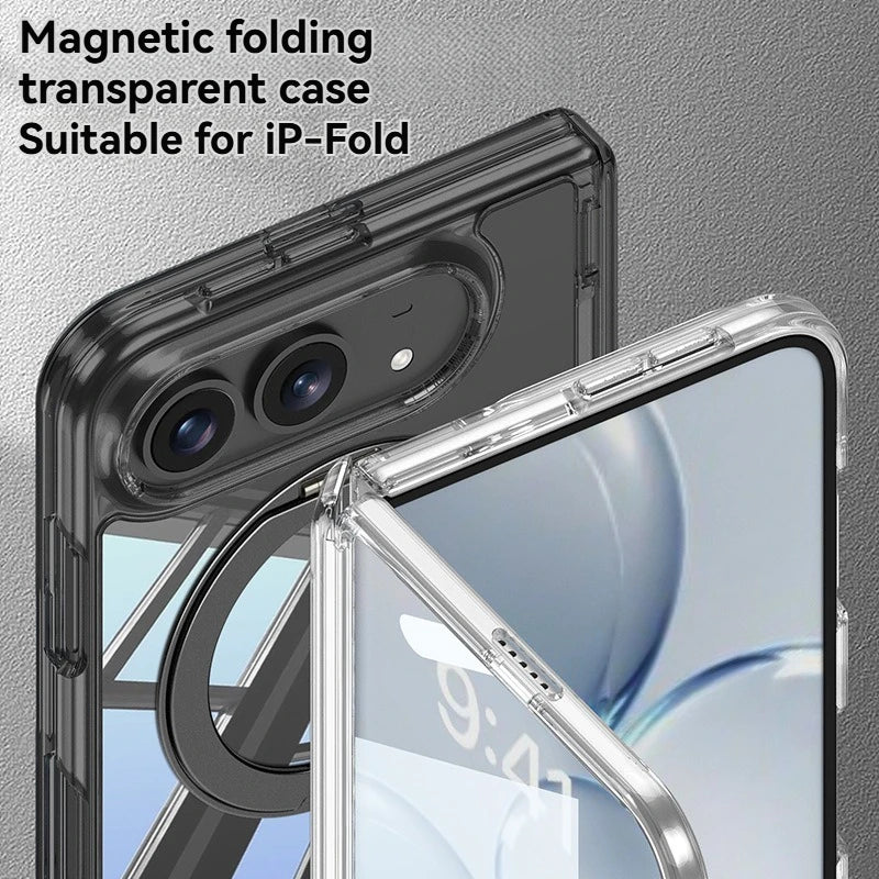 For iPhone Duo Fold Transparent Stand Phone Case with Magnetic Hinge Protection Compatible Film Integrated Design