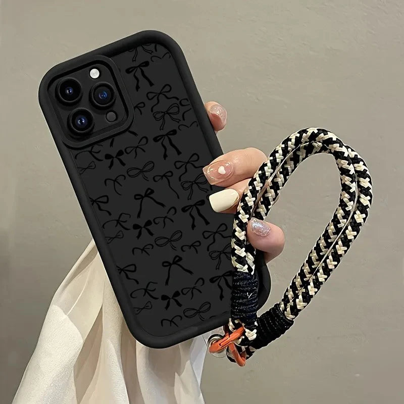 Cute Black Bow Pattern Hang Strap Phone Case For Samsung Galaxy Note 20 S24 S22 S23 S25 S26 Plus S24 FE S23 S24 S25 Ultra Cover