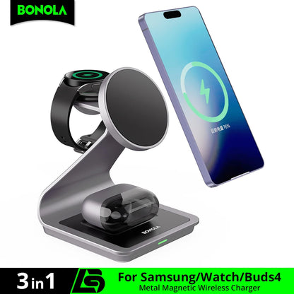 Bonola Magnetic 3 in 1 Wireless Charger Station for Samsung S24 Ultra/S25/26 Fast Charging Stand for Galaxy Watch 8/7/6/Earbuds