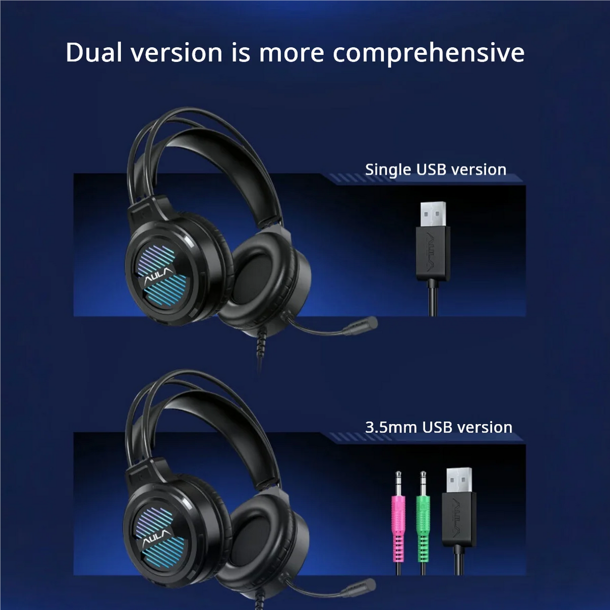 AULA S606B Wired Gaming Headset 50mm Driver Virtual 7.1 Surround Sound Noise Cancelling Mic RGB Gaming Headphones