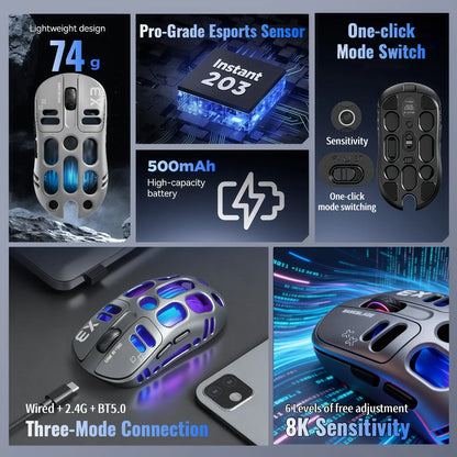 Wireless Gaming Mouse Tri-Mode BT5.1/2.4G/USB-C, 70g Lightweight RGB Rechargeable Mouse, 8000 DPI Sensor, 5 Programmable Buttons for PC Laptop