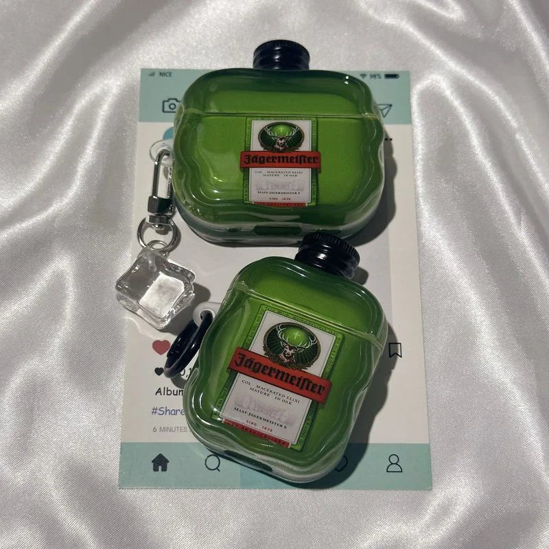 Green Wine Bottle Soft Protective Case For Airpods Pro 1/2/3/4 Pro 2 Cover Shockproof Earphones Case With Keychain Charging Box