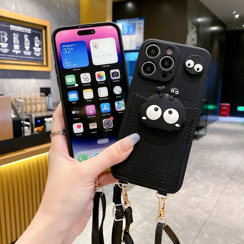 Funny 3D Crossbody Cover Black Coal Ball Card Bag Lanyard Phone Case  For iPhone 17 Pro max 16 15 14 Plus 13 12 11 Pro Max Xs XR