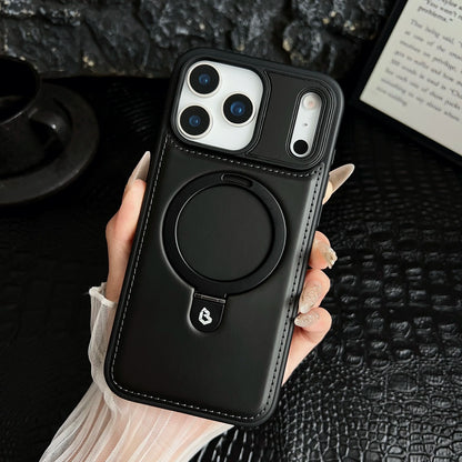 Luxury Magnetic Bracket Ring PU Leather Phone Case, For IPhone 17 16 15 Pro Max Air Magsafe Wireless Charging Hollow Logo Cover