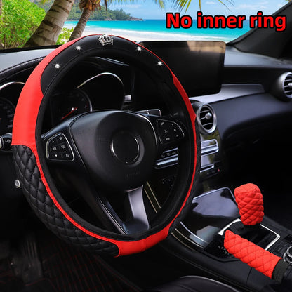 3Pcs PU Leather Crown Diamond Inlays Steering Wheel Cover Gear Shift Cover Handbrake Cover for Cars without Inner Ring