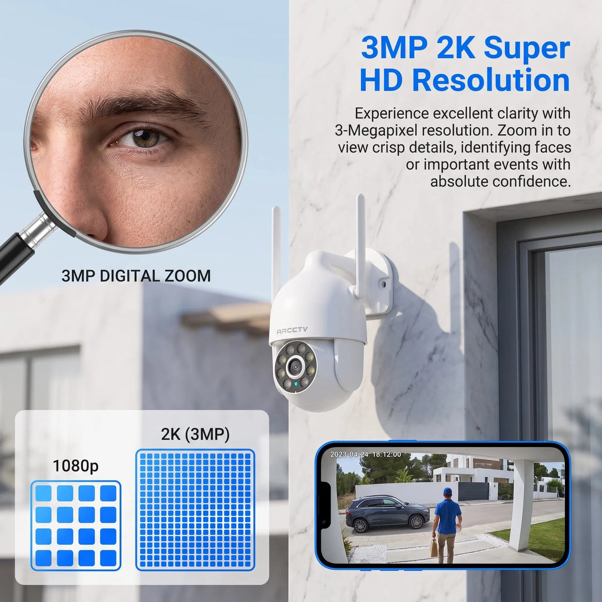 ARCCTV 1296P Wifi Security Camera Outdoor Surveillance Camera 24/7 HD Recording Color Night Vision With Auto Track Two Way Audio