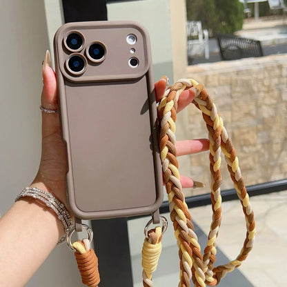 Crossbody Lanyard Braided Cord Liquid Silicone Case For iPhone 16 17 Pro Max 15 14 13 12 11 XR XS 7 8 Plus Necklace Strap Cover