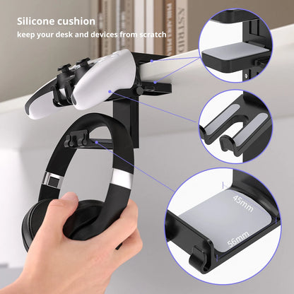 2-in-1 Controller Headphone Stand for Desk 2 Gamepad Hangers 360° Rotating Headset Holder Adjustable Clamp-on Under Desk Hook