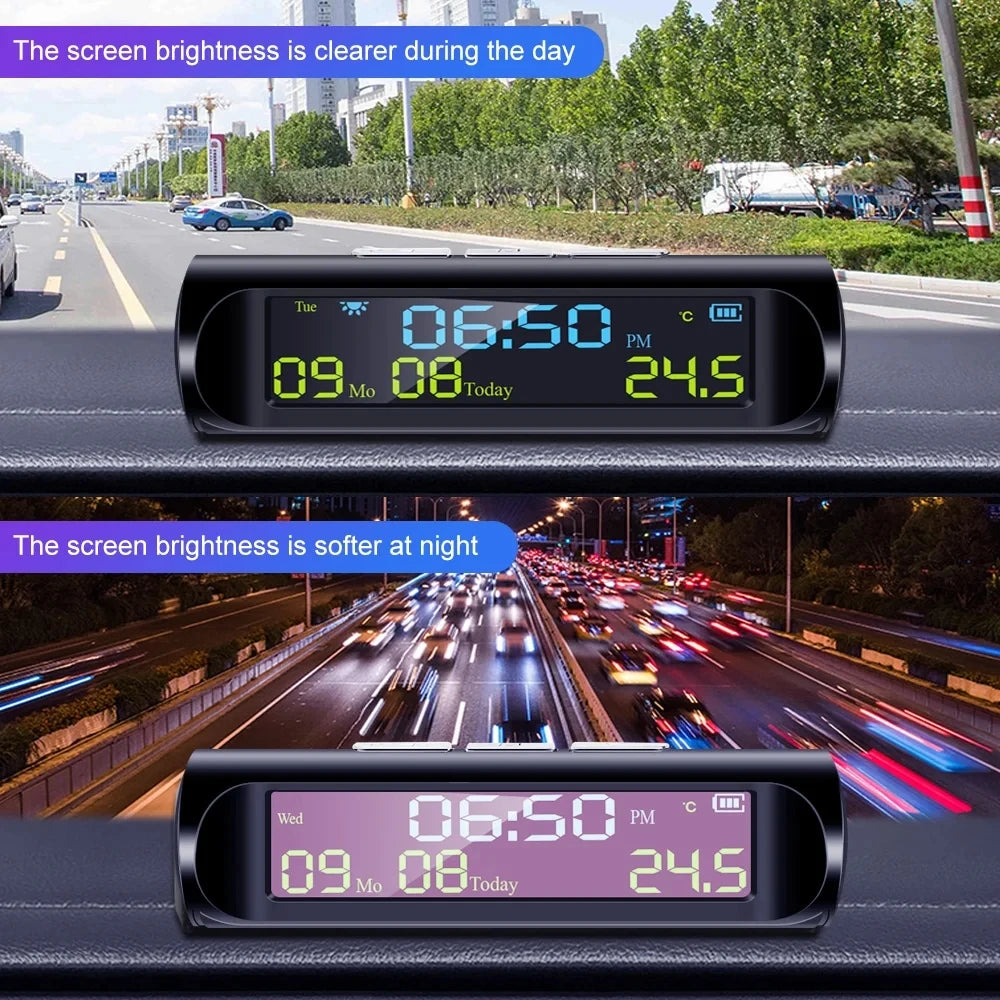 Car USB Solar Charge Smart Digital Clock Calendar Time Temperature LED Display Automobile Interior Accessories Auto Start